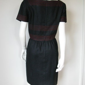 Vintage 1980s Miss O Oscar de la Renta Black Linen Short Sleeve Dress with Red Stitching Detail and Square Neckline image 3