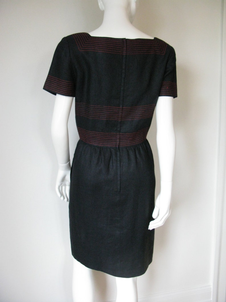 Vintage 1980s Miss O Oscar de la Renta Black Linen Short Sleeve Dress with Red Stitching Detail and Square Neckline image 3