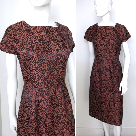 Pretty Vintage 1940s 1950s Black and Copper Floral