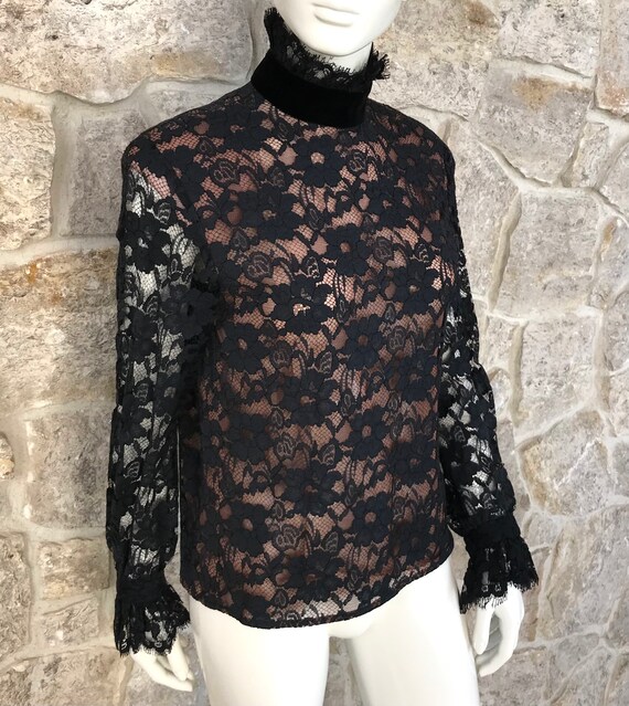 Elegant Vintage 1970s 1980s Black Lace High Neck … - image 7