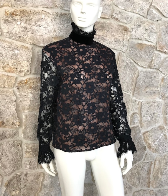 Elegant Vintage 1970s 1980s Black Lace High Neck … - image 6