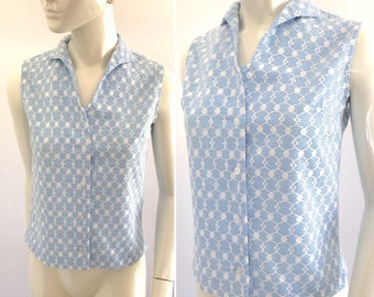 Super Cute Vintage 1960s Blue and White Gingham Sleeveless Top with White Embroidery