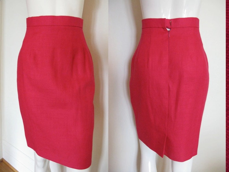 Vintage 1980s Scaasi Dress Fuchsia Linen Pencil Skirt Set Suit with Gold Buttons NWT image 4