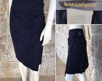 Fantastic Vintage 1980s Issey Miyake Striped Side Buckle Wrap Front Wool Skirt