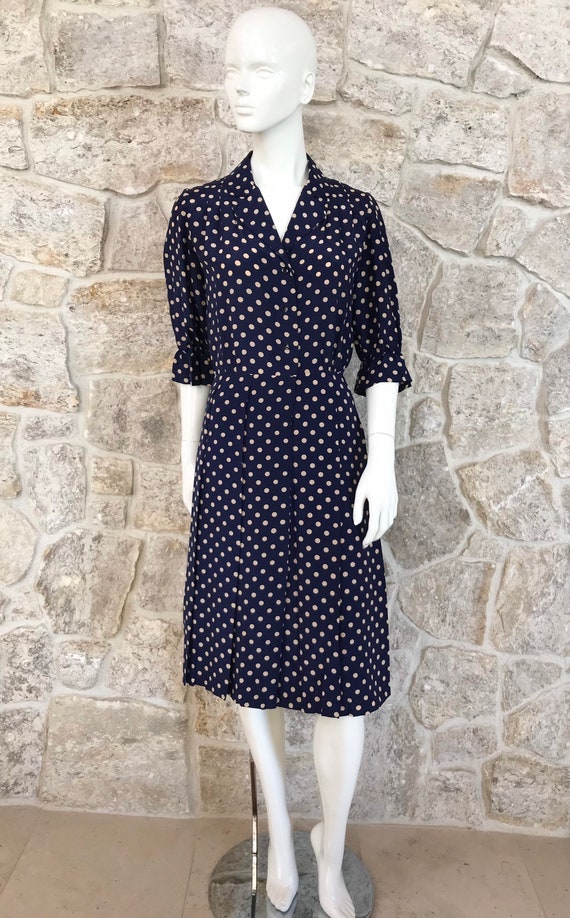 Vintage 1960s Blue Polka Dot Silk Shirt Dress wit… - image 3