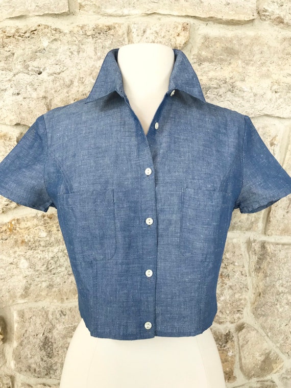 Vintage 1970s Cacharel Short Sleeve Crop Blouse w… - image 4