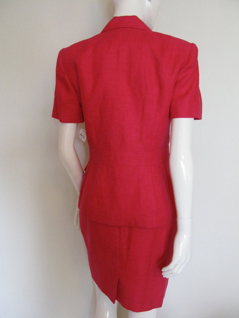 Vintage 1980s Scaasi Dress Fuchsia Linen Pencil Skirt Set Suit with Gold Buttons NWT image 3