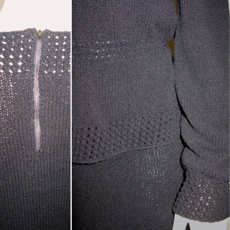 Vintage 1940s 1950s Black Knit Skirt and Top Set with Metal Zipper