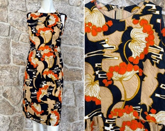 Stunning Vintage 1950s 1960s Custom Made Floral Dress Black Orange Tan