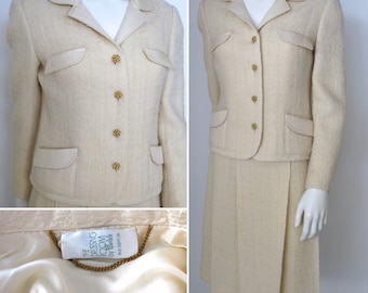 Beautiful Vintage 1960s 1970s Cream Colored Skirt Suit with Couture Details