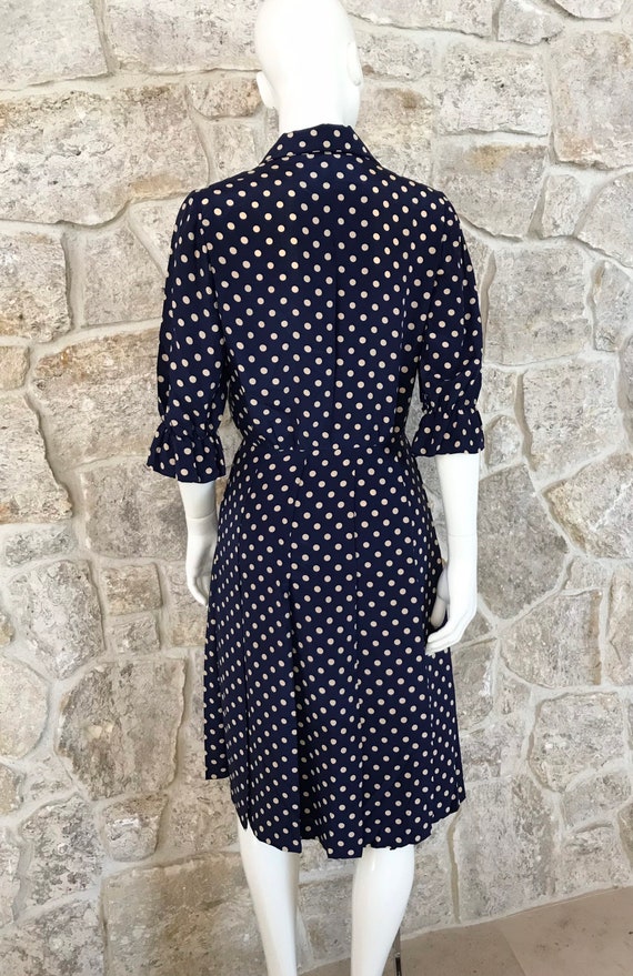 Vintage 1960s Blue Polka Dot Silk Shirt Dress wit… - image 6