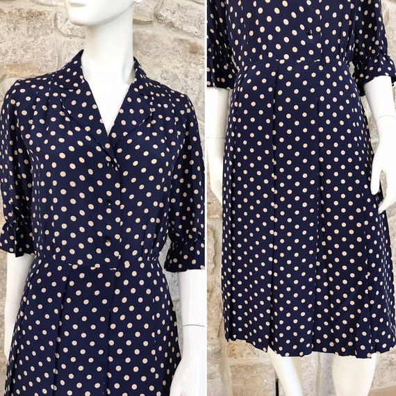 Vintage 1960s Blue Polka Dot Silk Shirt Dress wit… - image 2