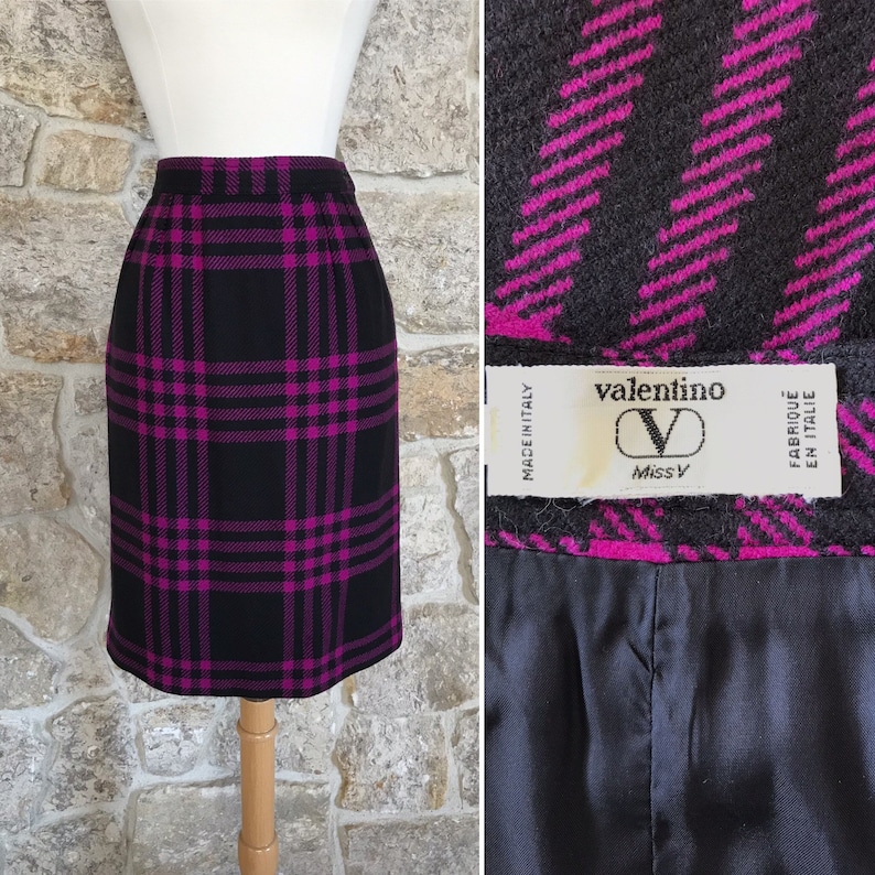 Beautiful Vintage 1980s 1990s Valentino Miss V Black and Fuchsia Plaid Pencil Skirt image 1