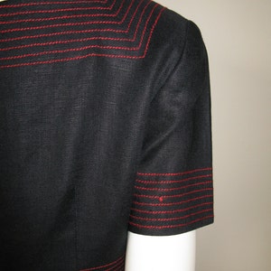 Vintage 1980s Miss O Oscar de la Renta Black Linen Short Sleeve Dress with Red Stitching Detail and Square Neckline image 4