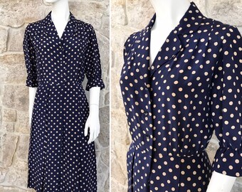 Vintage 1960s Blue Polka Dot Silk Shirt Dress with Pleated Skirt