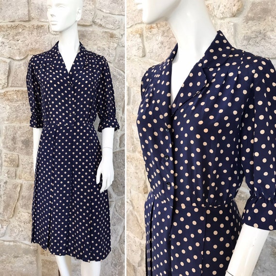 Vintage 1960s Blue Polka Dot Silk Shirt Dress wit… - image 1