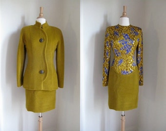 Vintage 1980s Galanos Abstract Print Silk with Gold Metallic and Wool Dress and Jacket Suit Set