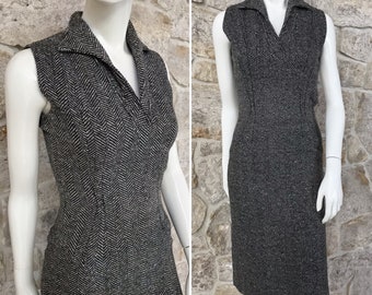 Incredible Vintage 1950s Chevron Wool Wiggle Dress with Metal Side Zipper