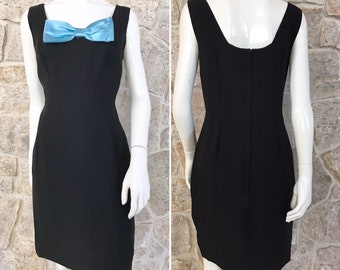 Vintage 1960s Black Cocktail Dress with Pastel Blue Bow Metal Zipper