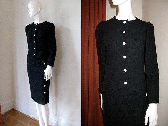 Chloé, Chloe Vintage 1980s Black Wool Crepe Cropped Jacket & Pencil Skirt Suit Bust 32 Waist 25