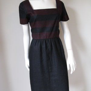 Vintage 1980s Miss O Oscar de la Renta Black Linen Short Sleeve Dress with Red Stitching Detail and Square Neckline image 2