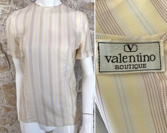 Beautiful Vintage 1980s Valentino Boutique Striped Silk Back Button Short Sleeve Blouse