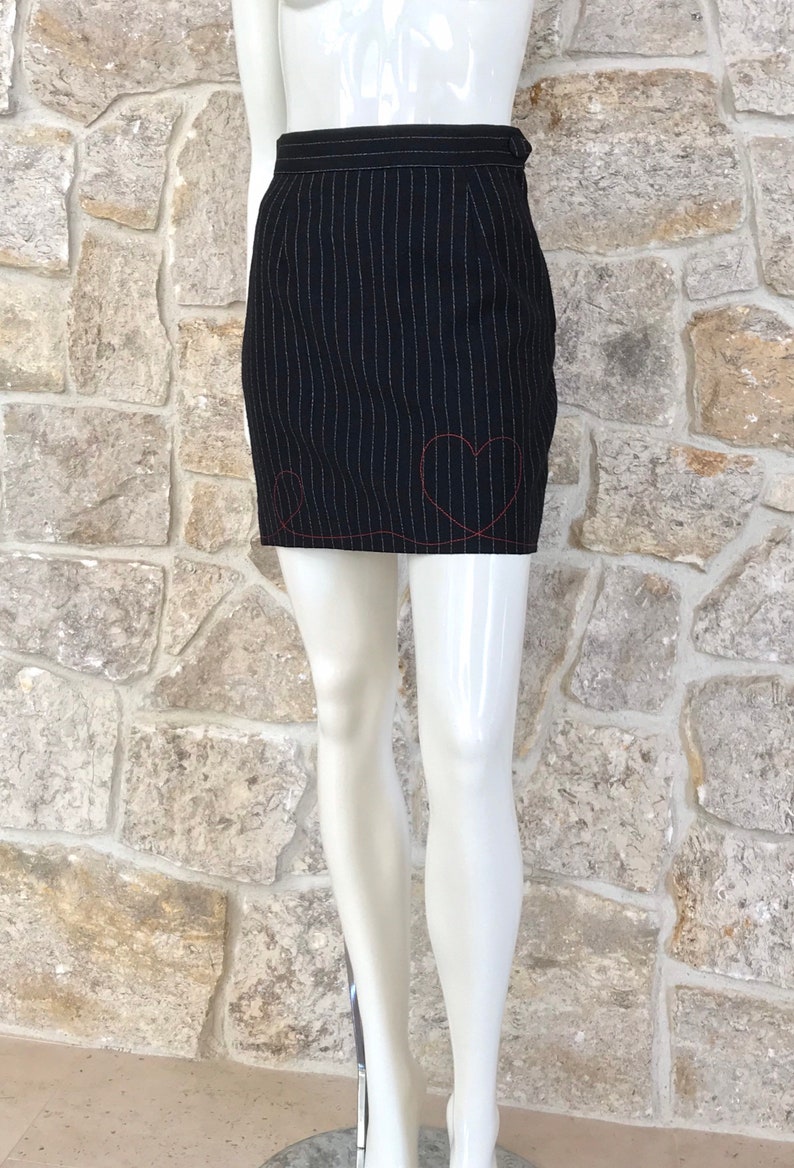 Vintage 1980s 1990s Moschino Cheap and Chic Pinstripe Skirt with Red Heart Stitching image 5