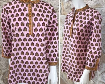 Vintage 1970s Pale Pink Cotton Tunic with Floral Print and Side Slits