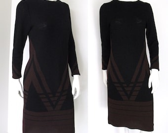 Vintage 1970s Adolfo New York Black Knit Dress with Geometric Brown Pattern Size M/L