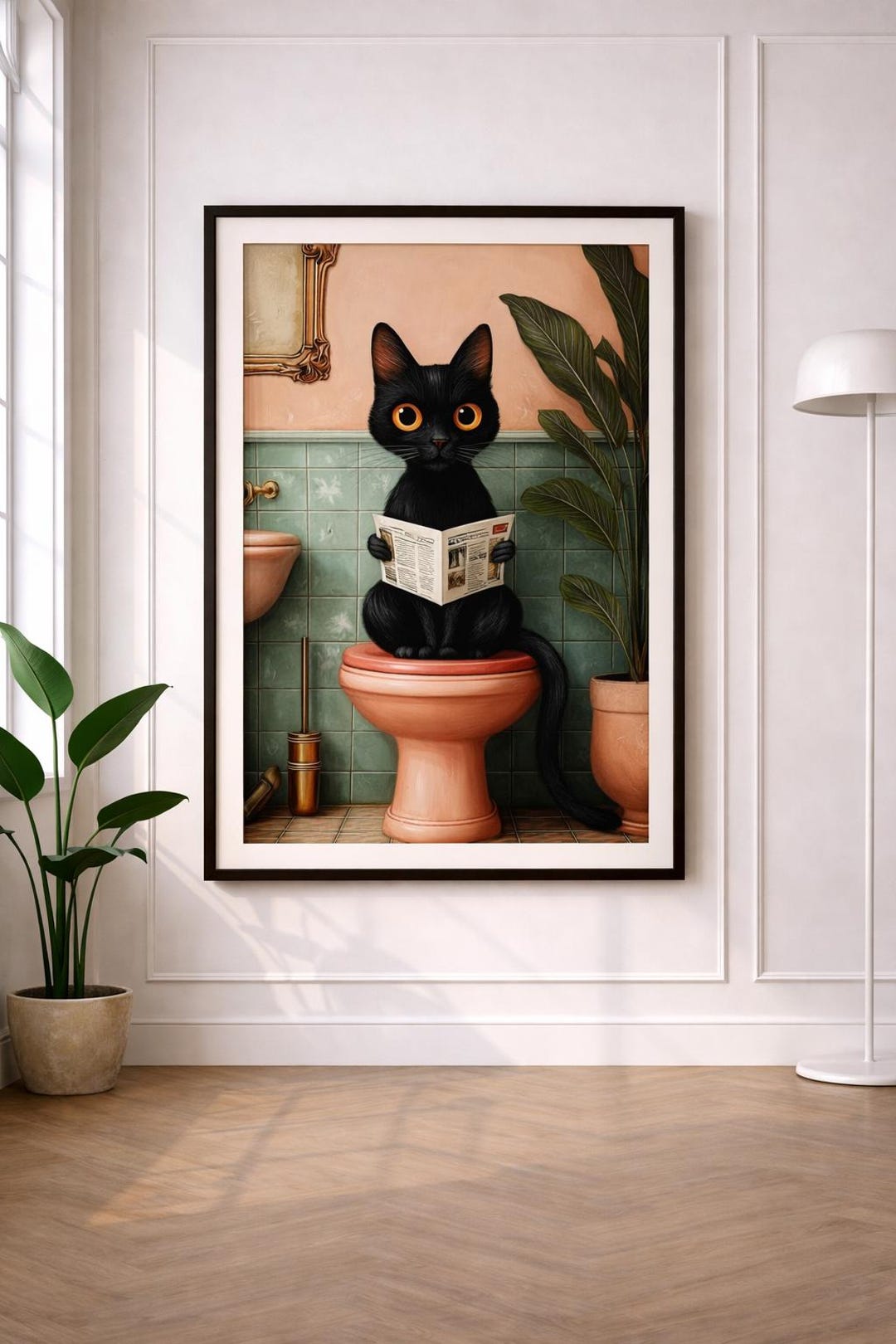 Black Cat on Toilet Reading Newspaper Art Print – Humorous Animal Decor ...