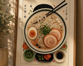 Japanese Ramen Bowl Art, Noodle Illustration, Kitchen Wall Art (Matte Print)