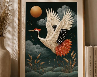 Japanese Crane Art Print, Elegant Bird Moon Illustration, Asian Japandi Poster