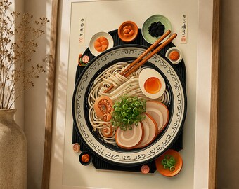 Póster de tazón de ramen japonés, arte mural de comida asiática con sopa de fideos (impresión mate)