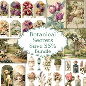 May include: A collection of botanical-themed images and stickers. The image features various flowers like lavender, tulips, and pansies, along with garden scenes and decorative elements. The text "Botanical Secrets Save 35% Bundle" is also visible.