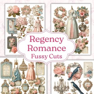May include: A collage of vintage-style floral and fashion illustrations. The images feature roses, dresses, and decorative elements in soft pinks, blues, and creams. Text reads "Regency Romance Fussy Cuts."