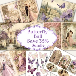 May include: A collection of vintage-style paper ephemera with a romantic theme. The images feature couples, butterflies, and floral elements in soft pastel colors. The text "Butterfly Ball Save 35% Bundle" is displayed on a decorative label.