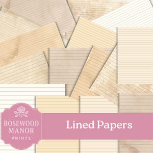 May include: A collection of lined papers in various shades of cream and tan, some with aged, vintage-style stains. The papers are arranged in a layered, overlapping pattern. The text "Lined Papers" is displayed on a pink banner.
