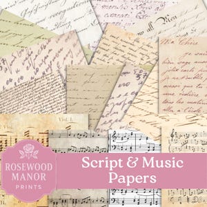 May include: A collage of vintage papers featuring handwritten script, musical notes, and aged textures. The papers are in various shades of beige and cream, with visible text and musical notation. The image includes the text "Script & Music Papers" and "Rosewood Manor Prints".