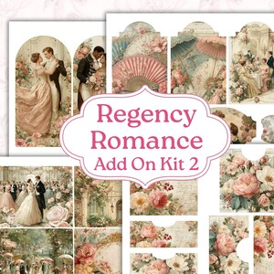 Può includere: Una collezione di efemeridi di carta in stile vintage con il tema Regency Romance. Le immagini presentano illustrazioni di coppie che ballano, composizioni floreali, ventagli e ombrellini in morbidi colori pastello. Il testo "Regency Romance Add On Kit 2" è visualizzato.