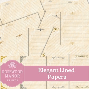 May include: A collection of cream-colored, lined papers with decorative gold and silver filigree accents. The papers are arranged in a layered composition. The text "Elegant Lined Papers" is displayed on a pink banner, with the "Rosewood Manor Prints" logo.