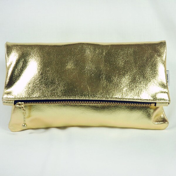 Small Gold Leather Clutch.  Foldover Zipper Bag.