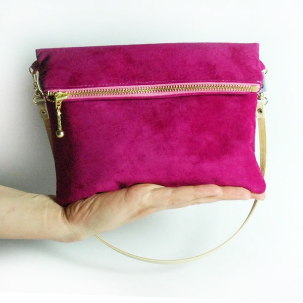 Fuchsia Suede Foldover Clutch. With Removable Strap. Small
