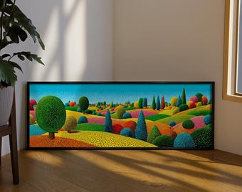 Puede incluir: Un cuadro panorámico enmarcado que muestra un paisaje vibrante de estilo puntillista con colinas onduladas y árboles en tonos saturados de verde, amarillo, naranja, rojo y azul bajo un cielo despejado de color azul brillante.