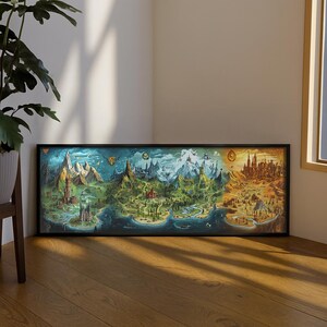May include: A framed fantasy map with a black border. The map is divided into three sections, each with a different color scheme. The left section is blue and green, the middle is green, and the right is orange and brown. The map depicts mountains, forests, and cities.