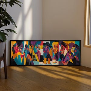 Puede incluir: Pintura abstracta enmarcada que representa un grupo de figuras estilizadas en colores vibrantes. La obra de arte representa a personas sentadas a una mesa, con una taza y un platillo visibles. La paleta de colores incluye tonos de amarillo, azul, morado y rojo.