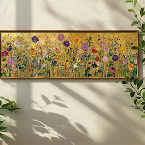 Arte mural largo y estrecho de Gustav Klimt: Paisaje floral dorado imagen 3