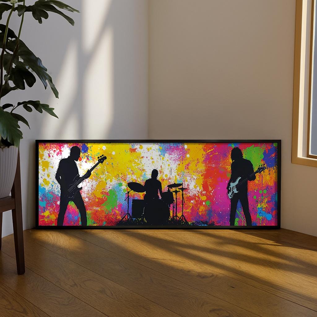 Musical Long Narrow Wall Art : Jazz Band Silhouette Framed Canvas
