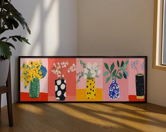 May include: A horizontal framed wall art print featuring five distinct panels, each displaying a colorful vase filled with various flowers and greenery against vibrant, solid-colored backgrounds in shades of red, pink, and yellow.