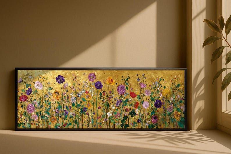 Arte mural largo y estrecho de Gustav Klimt: Paisaje floral dorado imagen 7