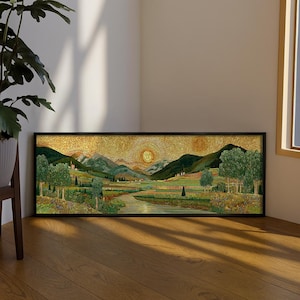 May include: A framed landscape mosaic artwork showing a valley scene with mountains, trees, and a river. The mosaic has a golden sky with a sun, and the artwork is framed in black.